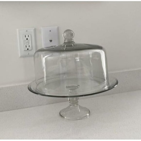 New Selene Glass Cake Stand with Dome Lid, Elegant Curved Footed Glass Cake